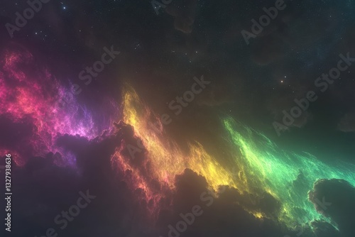 Vibrant Cosmic Clouds with Colorful Light Waves in the Night Sky