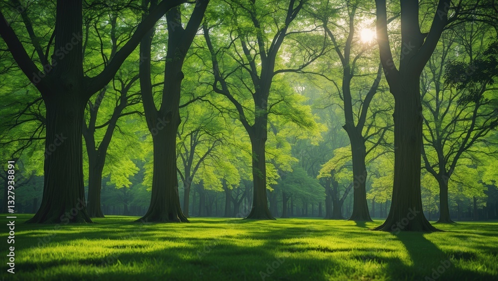 Deciduous trees in the park on a bright day, trees flourishing in the park during springtime. Deciduous trees in the park on a bright day, trees flourishing in the park during springtime.
