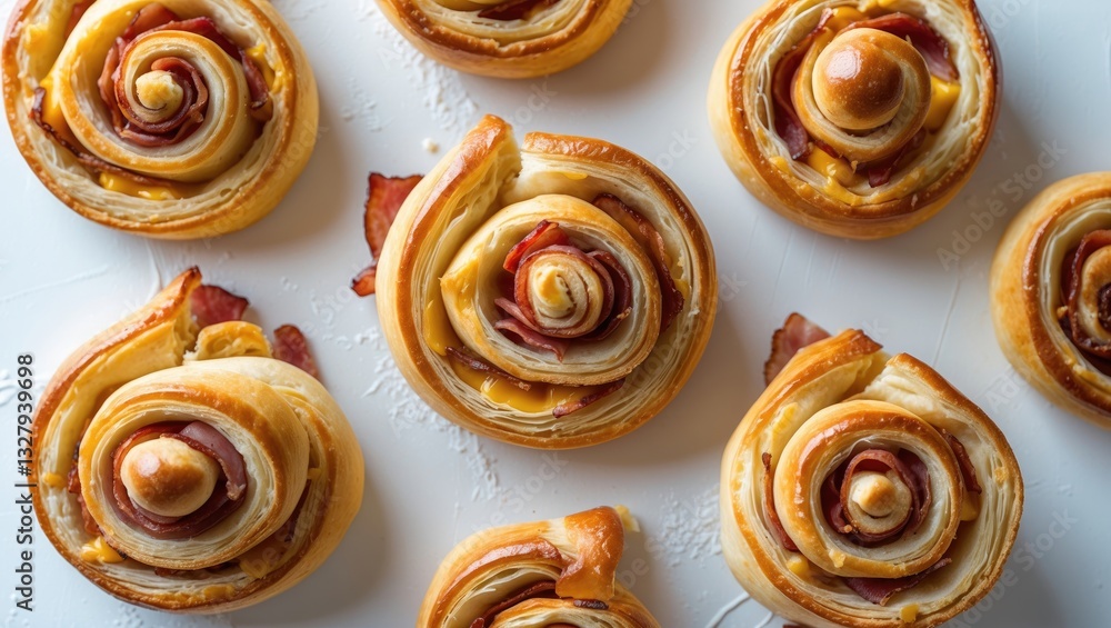 Bacon Cheddar cheese roll cake pinwheels on a white background. Bacon Cheddar cheese roll cake pinwheels on a white background.