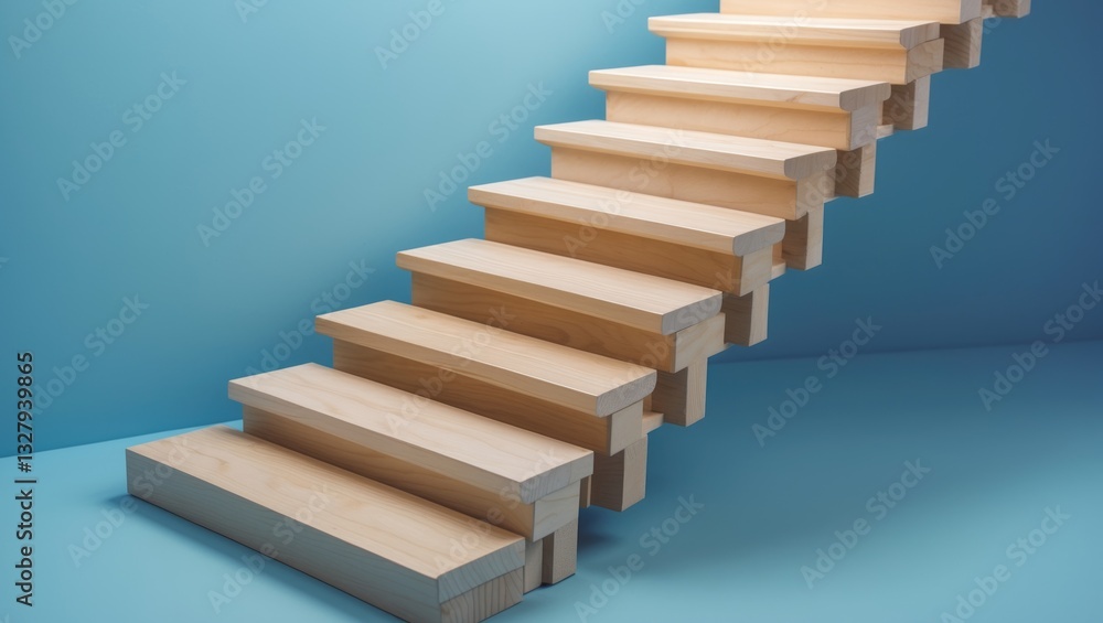Obraz premium Wooden pegs creating a stairway. Wooden stairs symbolize promotion. Steps to heaven. Stairs reaching the blue sky. Wooden stairs. Startup. Elevation and promotion.