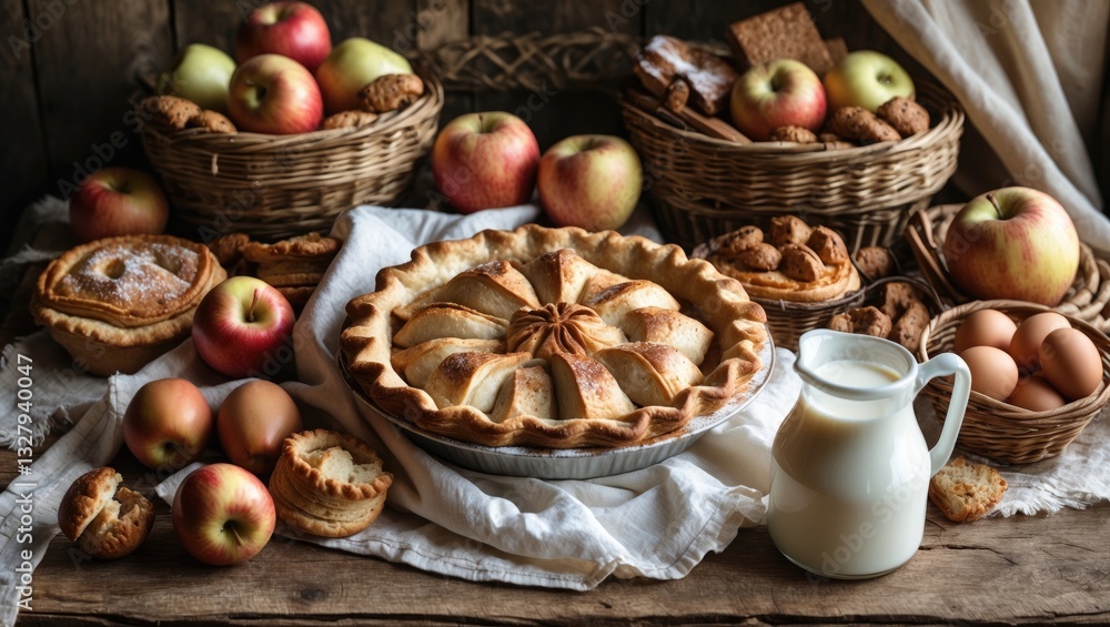 Apple pies rest on a wooden table. Apple pies rest on a wooden table.