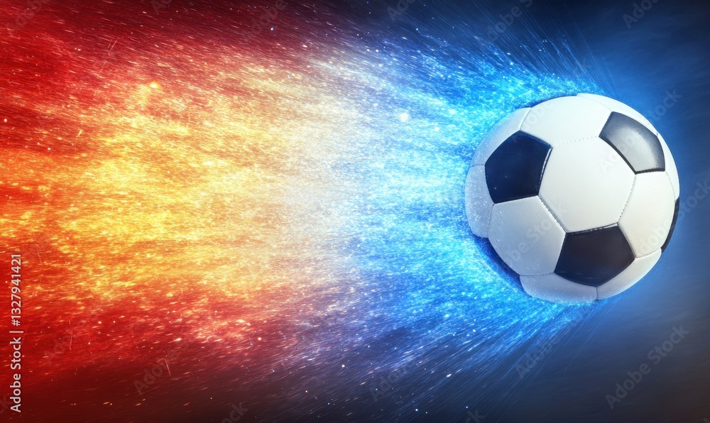 Naklejka premium Soccer ball with fire and ice trail on dark background