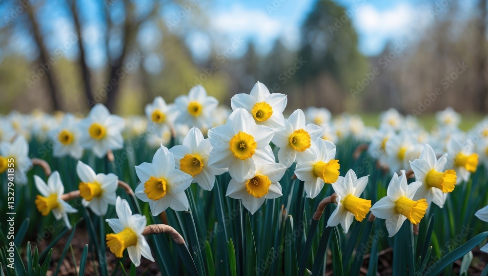 A field of white blooming daffodils during spring, nature A field of white blooming daffodils during spring, nature