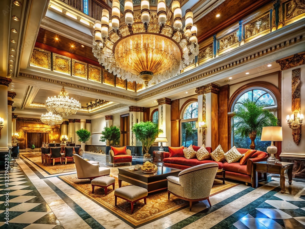 Obraz premium Luxurious Hotel Lobby: Marble Floors, Elegant Seating, Grand Chandelier - Stock Photo