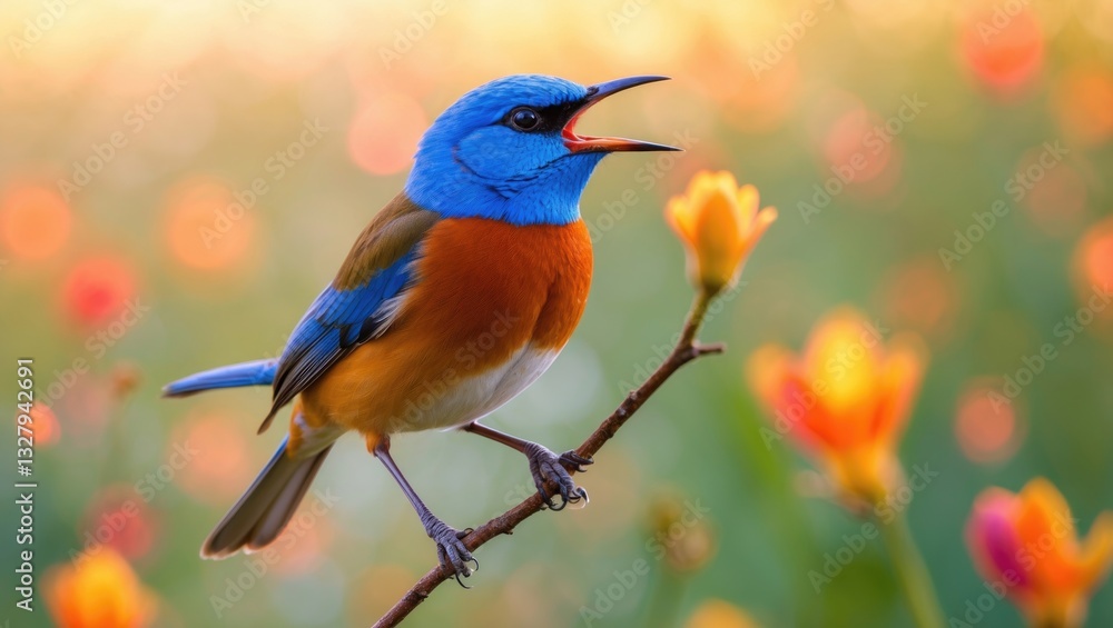 Obraz premium A male blue-throat bird singing to lure a female during the breeding season.