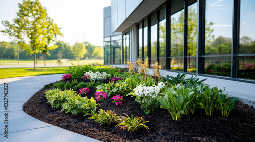 Lush landscaping with colorful flowers and greenery around modern building