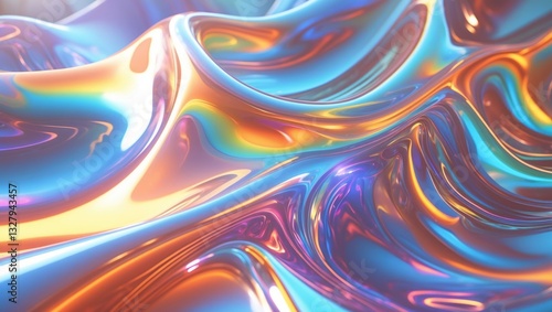 A complex interaction of rainbow colors forms a liquid-like abstraction on a glass surface featuring warped and stretched light.