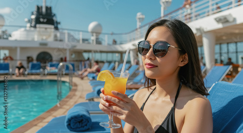 A young woman enjoys a colorful cocktail while lounging by the pool on a cruise ship