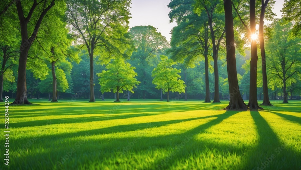 Background texture of fresh green lawn featuring beautiful trees in the gentle morning sunlight. Space available for text. Background texture of fresh green lawn featuring beautiful trees in the gentle morning sunlight. Space available for text.