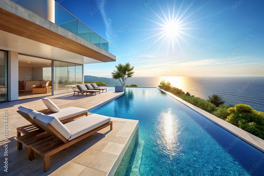 Fototapeta premium Luxurious Poolside Villa: Sun-Drenched Relaxation and Modern Architecture