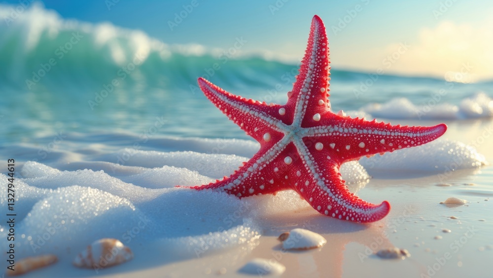 A starfish on the beach near the shoreline with white sand and blue water. A starfish on the beach near the shoreline with white sand and blue water.
