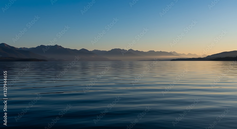 Obraz premium Serene Lake at Sunrise, Mountain Silhouette
