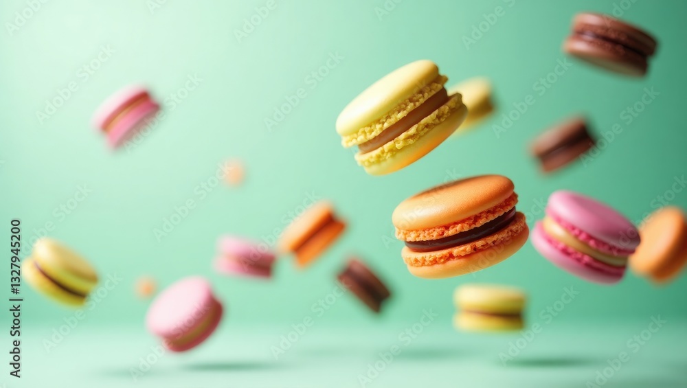Obraz premium Multicolored macaroons hover above a green background, selective focus.
