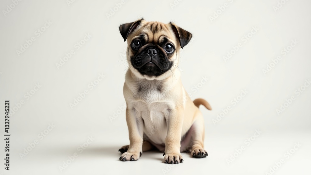 Obraz premium Funny pug puppy posing in the studio with a white background. Pug sitting in the studio. Beautiful purebred puppy. Amusing puppy with a black muzzle sitting. Photo shoot of a pug in the studio.