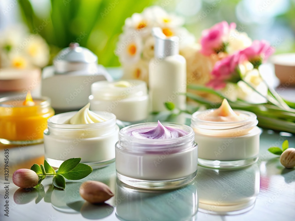 Luxurious Spa Creams: Tilt-Shift Tabletop Display of Assorted Skincare Products Luxurious Spa Creams: Tilt-Shift Tabletop Display of Assorted Skincare Products