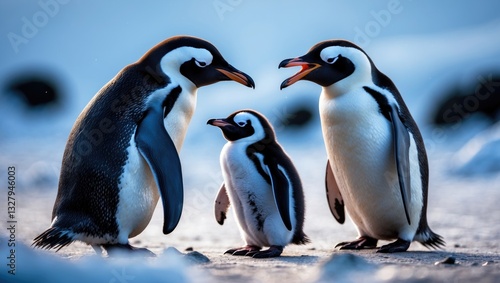 A young penguin imitates its parent vocalizing a display call. photo