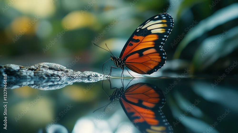 Fototapeta premium Butterfly reflection serene nature scene wildlife photography tranquil environment close-up view beauty of nature