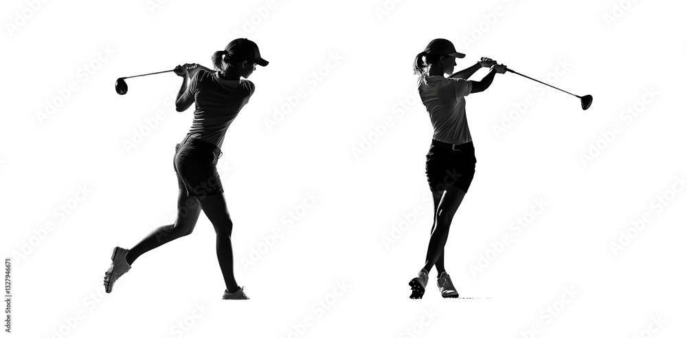 Silhouettes of Female Golfers Swinging the Golf Club in Action Silhouettes of Female Golfers Swinging the Golf Club in Action