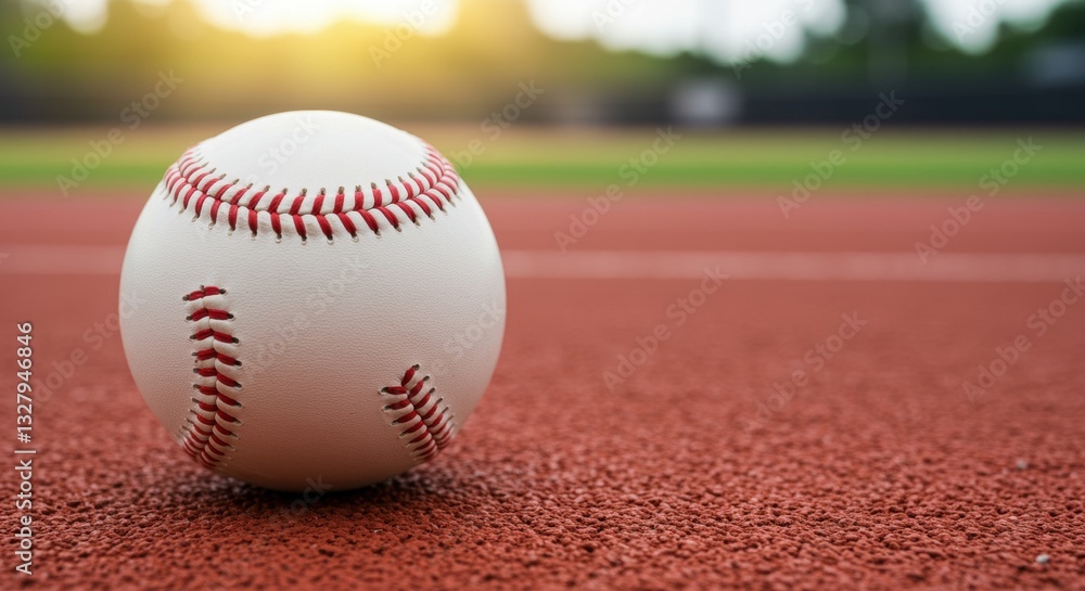 A close-up of a baseball on a dusty red field, showcasing its stitching and surface textures. Soft sunlight enhances the warm glow, inviting sports enthusiasts to the game. A close-up of a baseball on a dusty red field, showcasing its stitching and surface textures. Soft sunlight enhances the warm glow, inviting sports enthusiasts to the game.