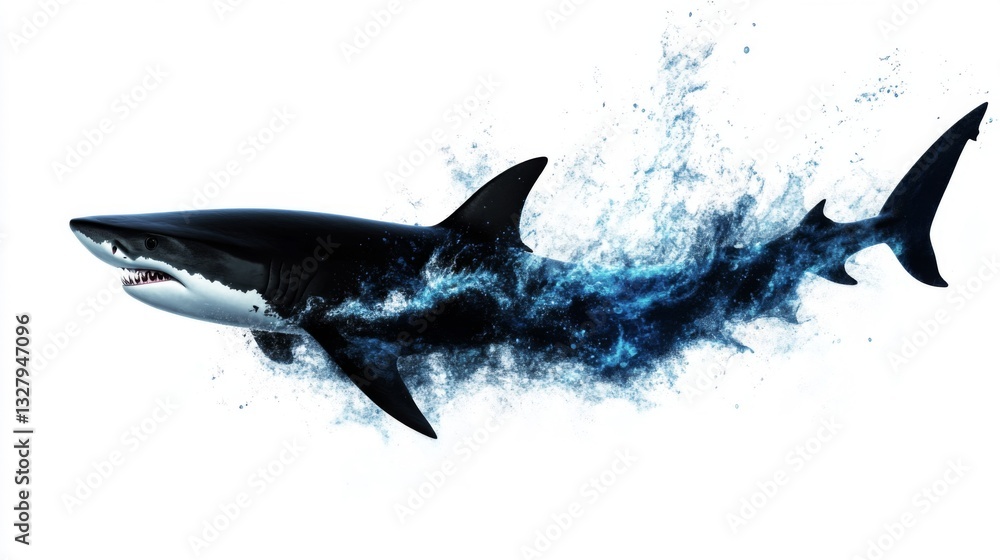 Obraz premium Great White Shark Breaking Water Surface Splashing Abstract Blue Black