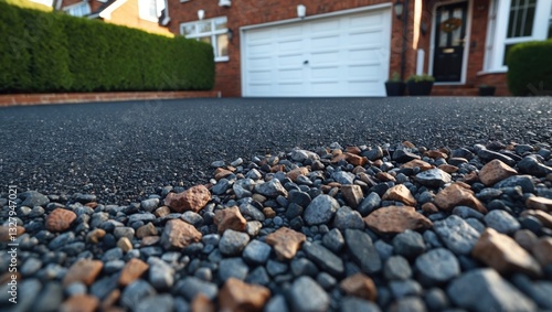 A dark-colored resin driveway located in front of a residential property.