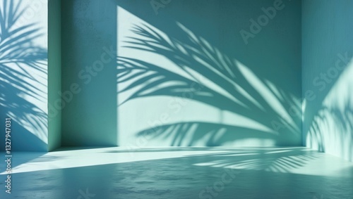 Minimal product presentation backdrop featuring palm shadows on a blue plaster wall. Luxurious summer architectural interior aesthetic. Boho home space for platform stage mockup.
