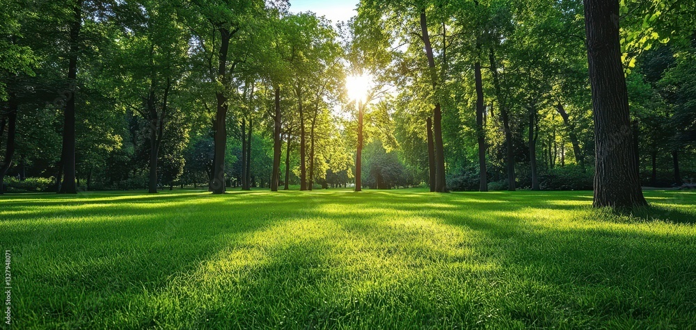 Obraz premium Serene Sunlight Filtering Through Lush Green Trees in a Peaceful Park Setting with Vibrant Grass and Soft Shadows on a Calm Morning