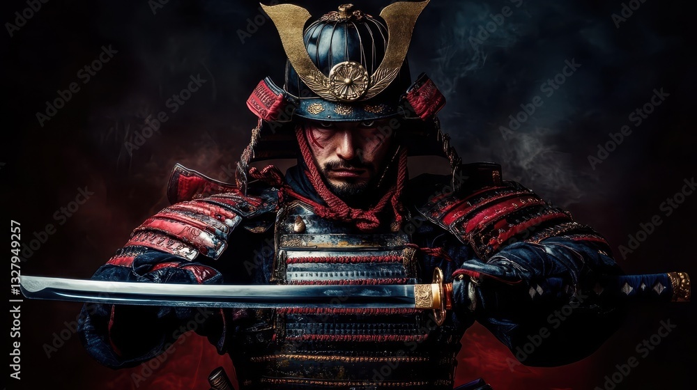 Naklejka premium A menacing warrior in traditional armor holding a katana sword