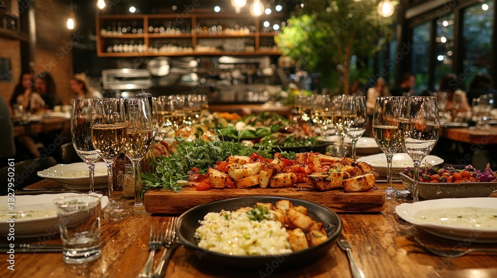 Long wooden table with delicious food and wine glasses for a dinner party. Long wooden table with delicious food and wine glasses for a dinner party.