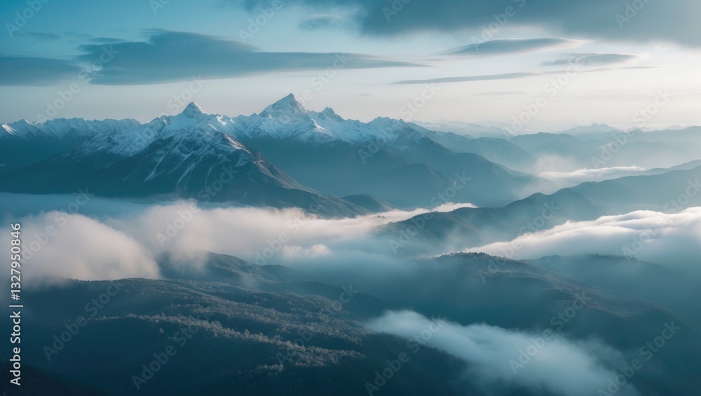Scenic mountains with snow-capped peaks in the clouds, viewed from above. Scenic mountains with snow-capped peaks in the clouds, viewed from above.