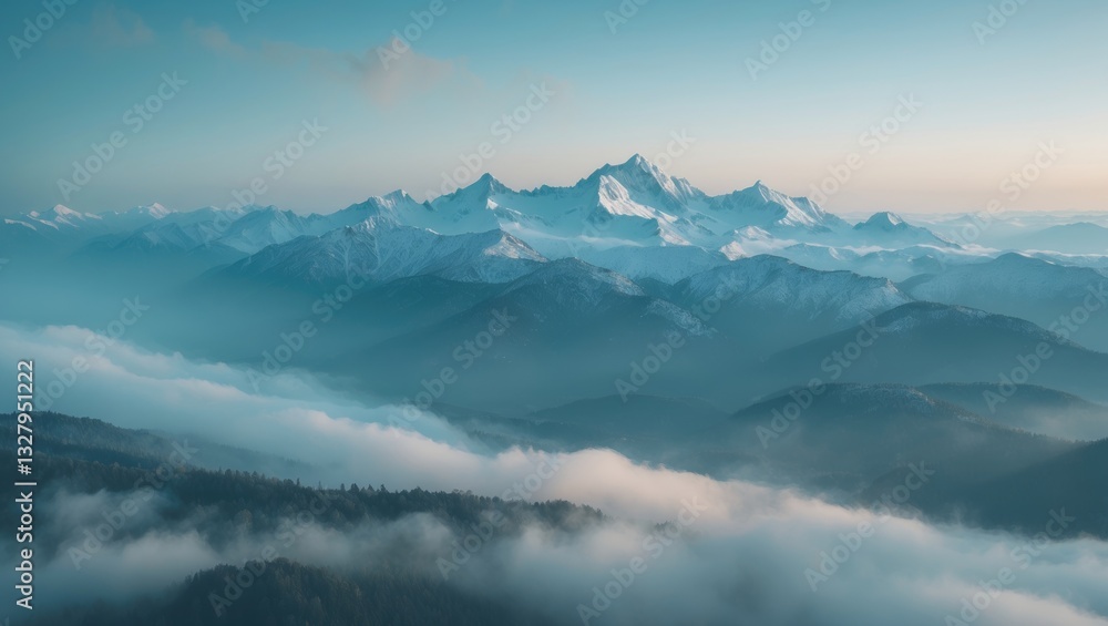 Scenic view of mountains, snow-capped peaks among the clouds, aerial perspective. Scenic view of mountains, snow-capped peaks among the clouds, aerial perspective.