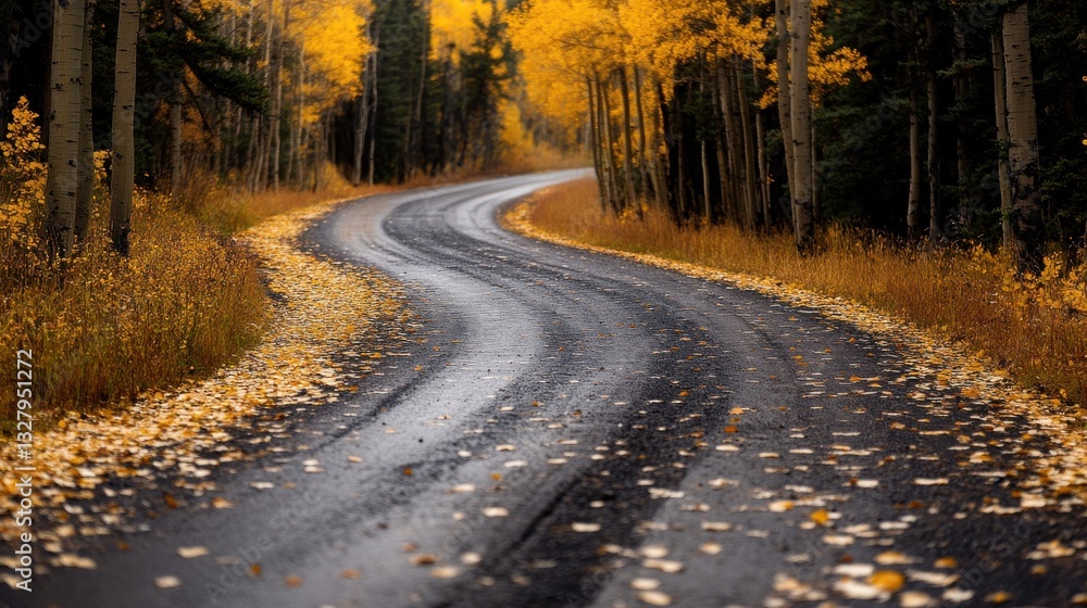 Fototapeta premium A lonely road winding through a golden autumn forest