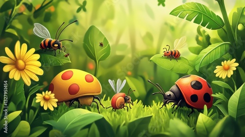 Colorful Insects in a Lush Green Garden Setting with Flowers