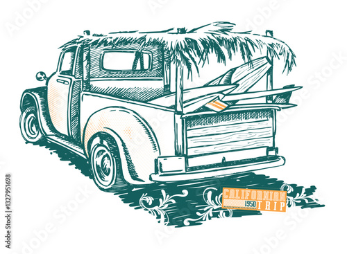 Vector illustration of old truck with surfboards in the bed. Art in stripped-down lines.