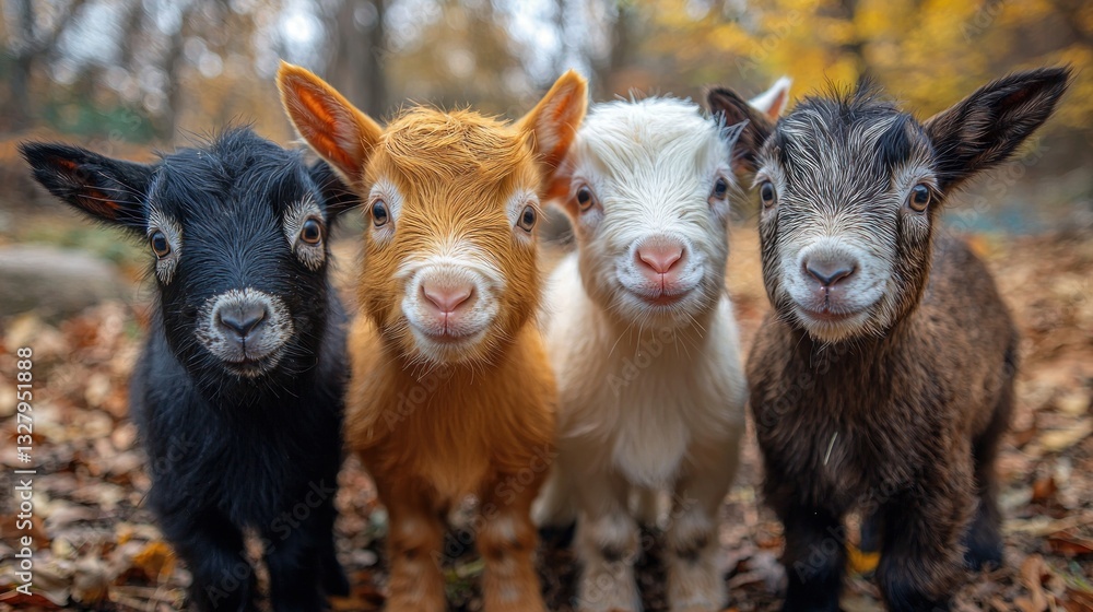 Fototapeta premium Four adorable baby goats posing in autumn leaves.