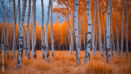 Wallpaper Mural A birch grove in autumn surrounded by orange grass. Torontodigital.ca