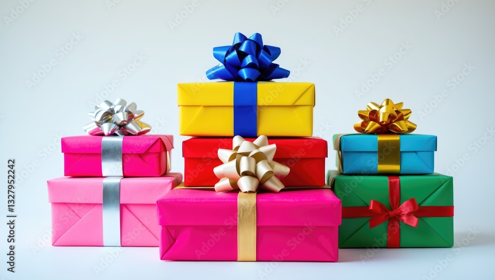 Obraz premium Colorful gift boxes arranged on a white background.