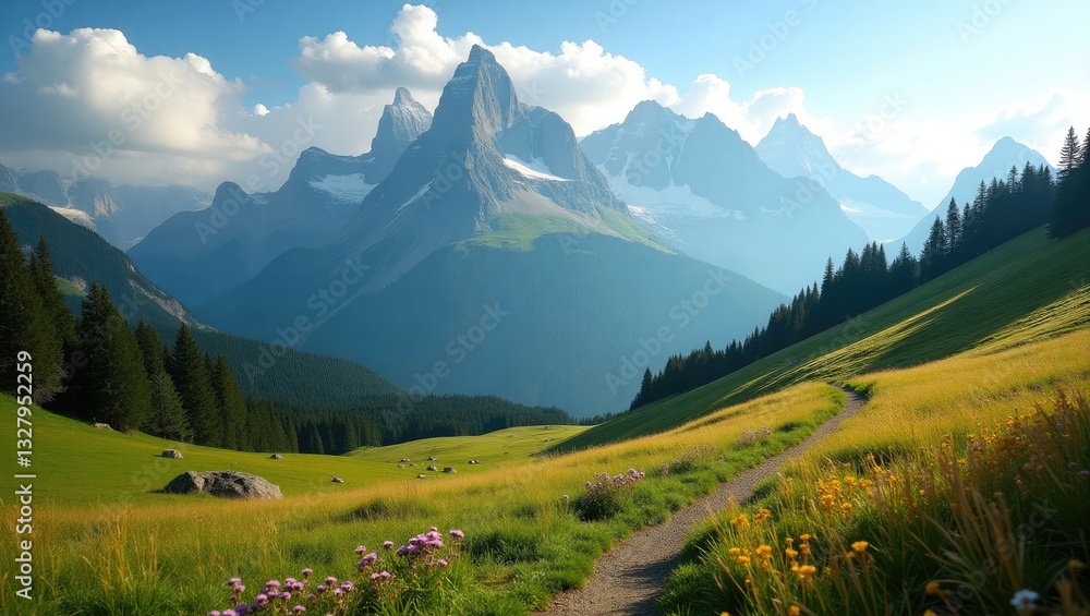 Obraz premium Vertical summer view of a peak surrounded by morning mist. Beautiful outdoor scenery of the Bernese Alps. Stunning summer landscape. Travel the world.