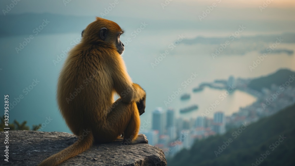 Obraz premium Monkey Contemplating and Gazing at the City