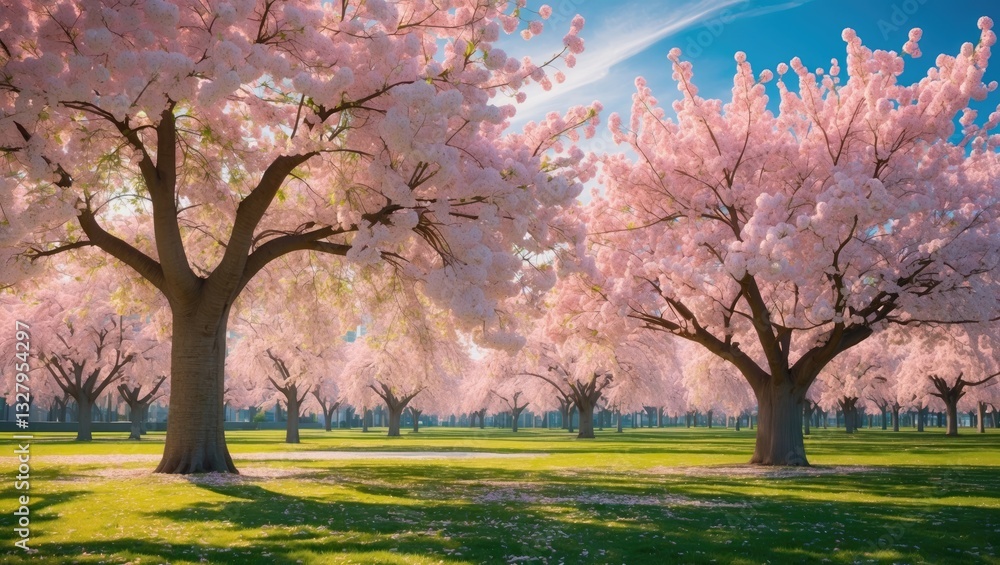 Fototapeta premium A large almond tree with flowering buds in the early weeks of spring featuring pink almond trees in bloom at a city park downtown during the beginning of spring.