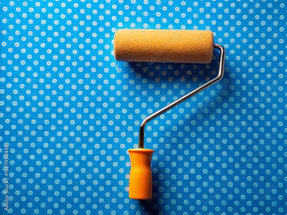 Obraz premium Macro Close-up of Paint Roller on Blue Polka Dot Wallpaper