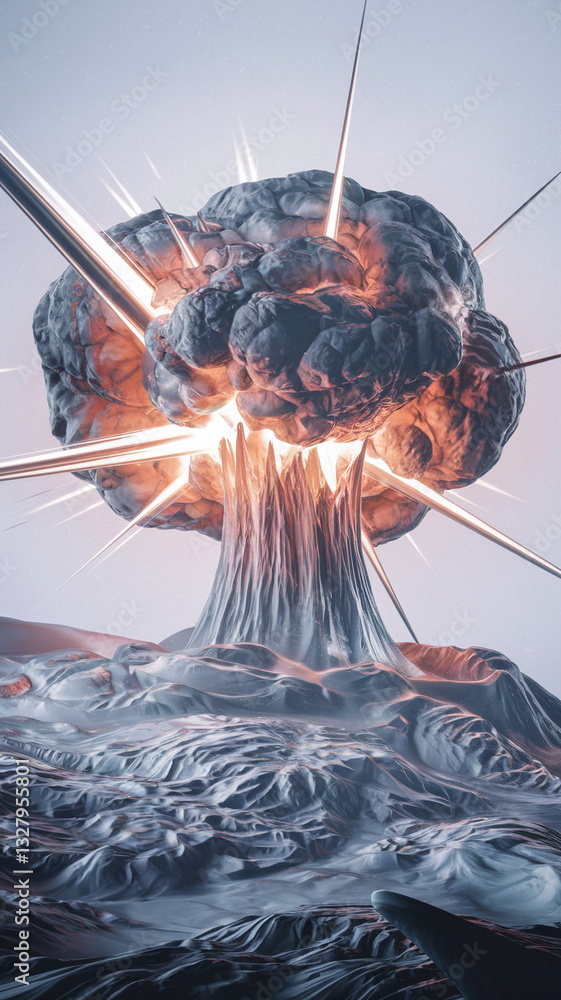 custom made wallpaper toronto digitalMetallic Nuclear Explosion Artwork with Sci-Fi Elements and Abstract Reflections - futuristic, AI-generated, hyper-realistic, steel, chrome, surreal, powerful, dramatic, artistic, modern, 3D