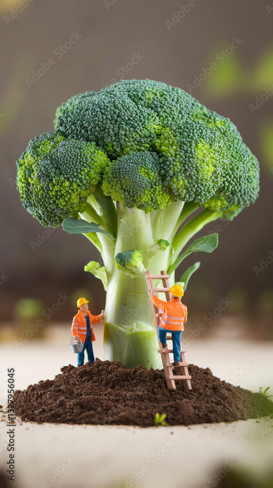 custom made wallpaper toronto digitalMiniature Workers Climbing a Giant Broccoli in a Surreal Tiny World - creative, fun, concept art, healthy eating, construction, unique, fantasy, miniature world, playful, whimsical, nature