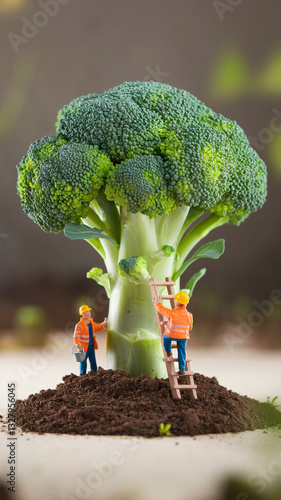 Wallpaper Mural Miniature Workers Climbing a Giant Broccoli in a Surreal Tiny World - creative, fun, concept art, healthy eating, construction, unique, fantasy, miniature world, playful, whimsical, nature Torontodigital.ca