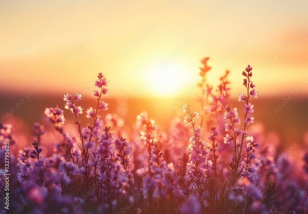 Naklejka premium Soft Blooming Flowers at Sunrise with Gentle Sunlight Illuminating the Bright Landscape and Creating a Serene Atmosphere in Nature
