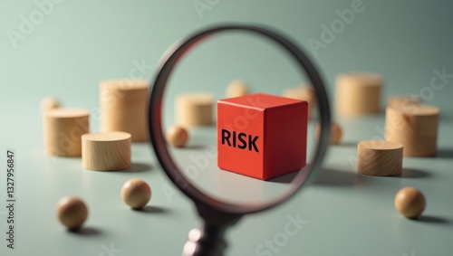 Magnifying glass zooms in to focus on a red danger risk cube among other ordinary items. Risk management concept for planning risk mitigation.