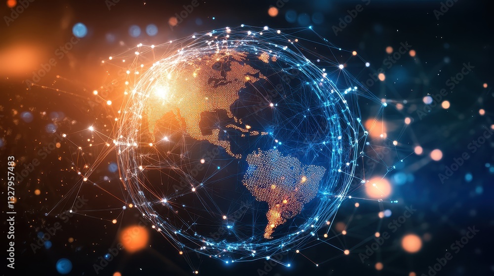 Obraz premium Holographic globe with network nodes, world connection, international business.
