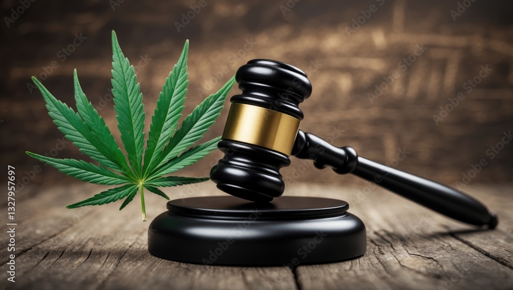 Naklejka premium Legal weed, the concept of decriminalized pot or felony conviction for possession of a schedule one drug illustrated with a marijuana leaf and a wooden gavel against a background with copy space.