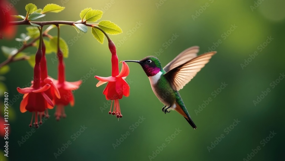 Fototapeta premium Violet-fronted Brilliant Hummingbird in flight gathering nectar from flower set against a blurred background.