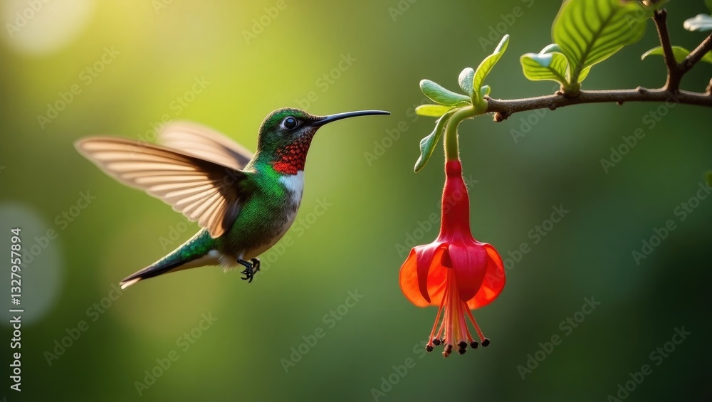 Fototapeta premium Violet-fronted Brilliant Hummingbird in mid-air gathering nectar from a flower in the background.